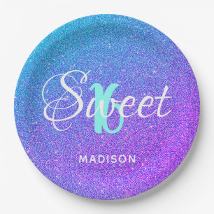 Elegant Sweet 16 Purple Blue Glitter Personalised Paper Plate