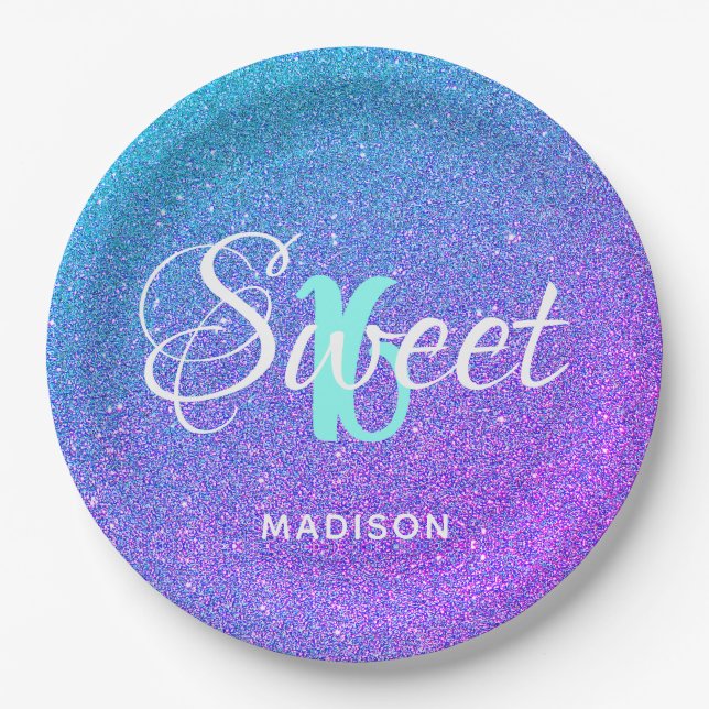 Elegant Sweet 16 Purple Blue Glitter Personalised Paper Plate (Front)