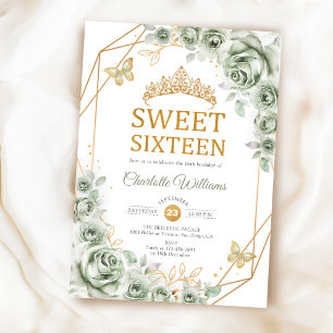 Elegant Sweet 16 Sage Green Roses Gold Invitation