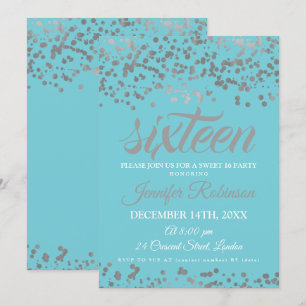 Elegant Sweet 16 Silver & Blue Foil Confetti Invitation