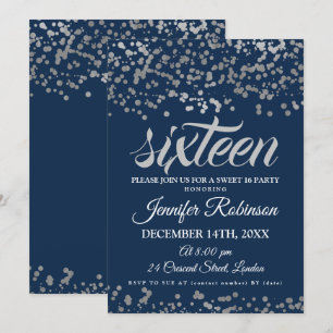 Elegant Sweet 16 Silver & Navy Foil Confetti Invitation