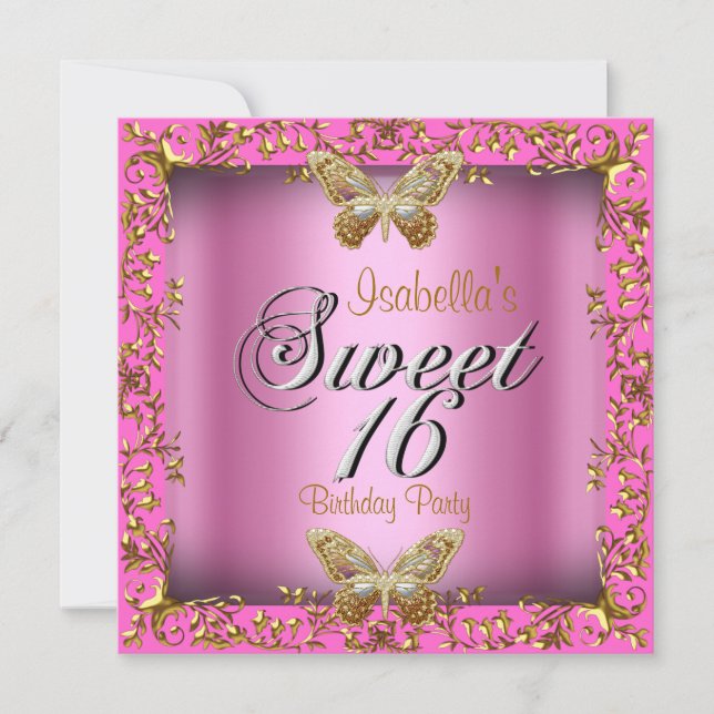 Elegant Sweet 16 Sixteen Pink Gold Butterfly Invitation (Front)
