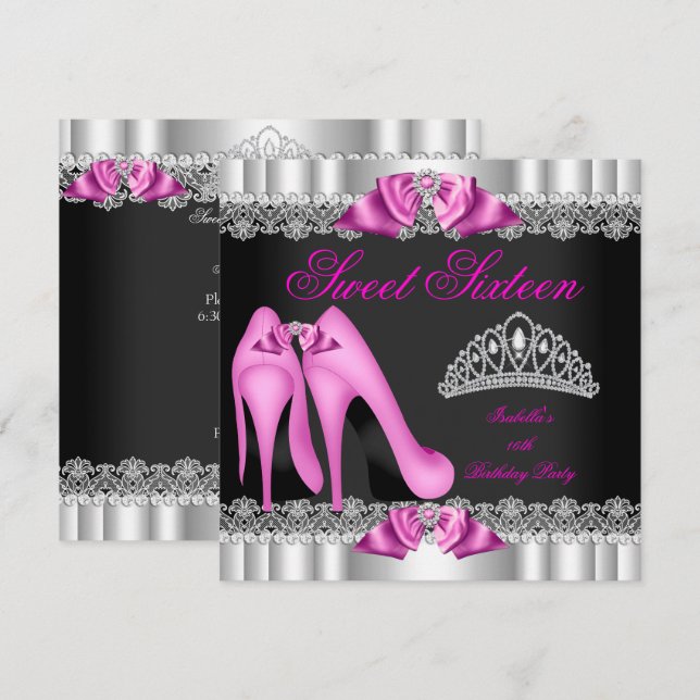 Elegant Sweet 16 Sweet Sixteen Party Hot Pink 2 Invitation (Front/Back)