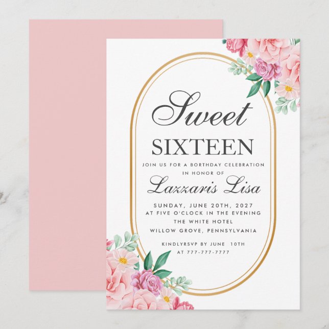 Elegant Sweet 16 Watercolor Pink Floral Birthday Invitation (Front/Back)