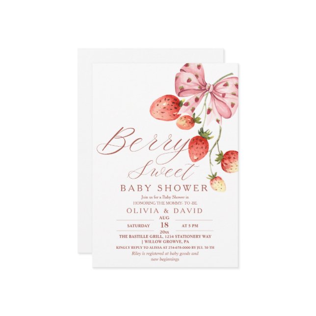 Elegant Sweet Berry Baby Shower Strawberry  Invitation (Front/Back In Situ)