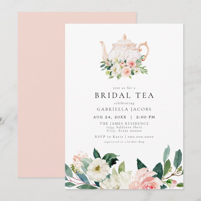 Elegant & Sweet Blush Pink Floral Bridal Tea Invitation (Front/Back)