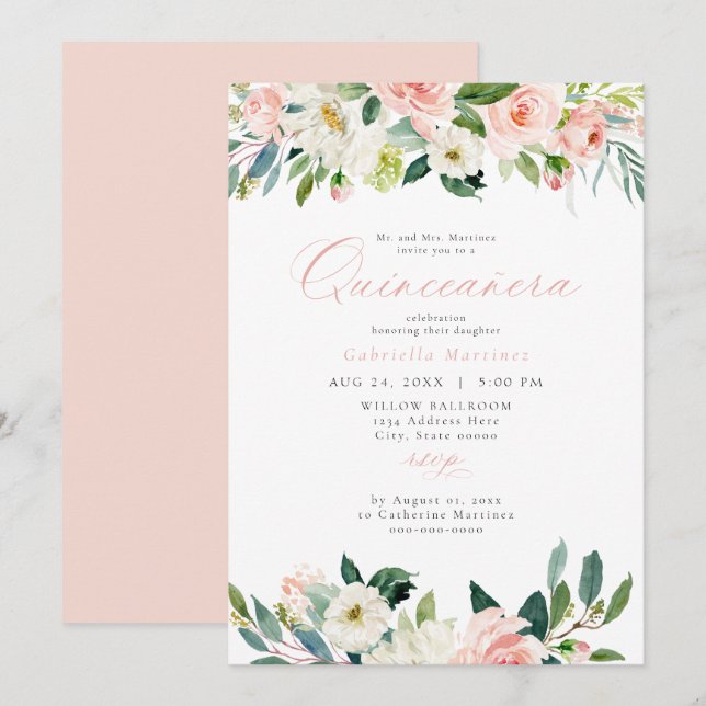 Elegant & Sweet Blush Pink Floral Quinceañera  Invitation (Front/Back)