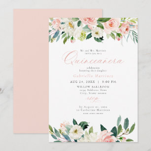 Elegant & Sweet Blush Pink Floral Quinceañera  Invitation