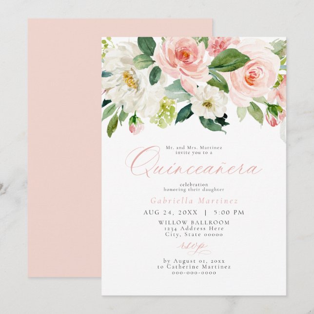 Elegant & Sweet Blush Pink Floral Quinceañera  Invitation (Front/Back)