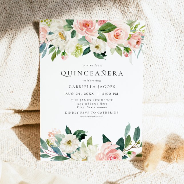 Elegant & Sweet Blush Pink Floral Quinceañera  Invitation (Creator Uploaded)