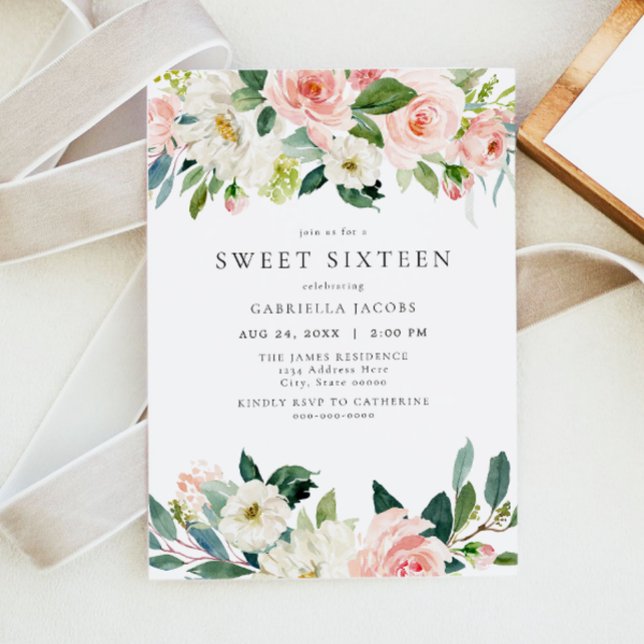 Elegant & Sweet Blush Pink Floral Sweet 16 Invitation (Creator Uploaded)