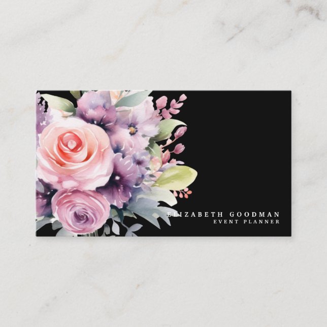 Elegant Sweet Flowers Black Business Cards (Front)