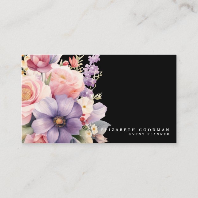 Elegant Sweet Flowers Black Business Cards (Front)