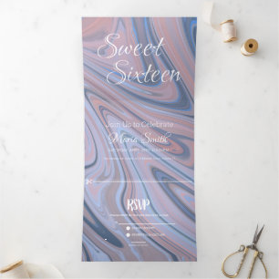 Elegant Sweet Liquid Marble Agate Blush Navy Tri-Fold Invitation