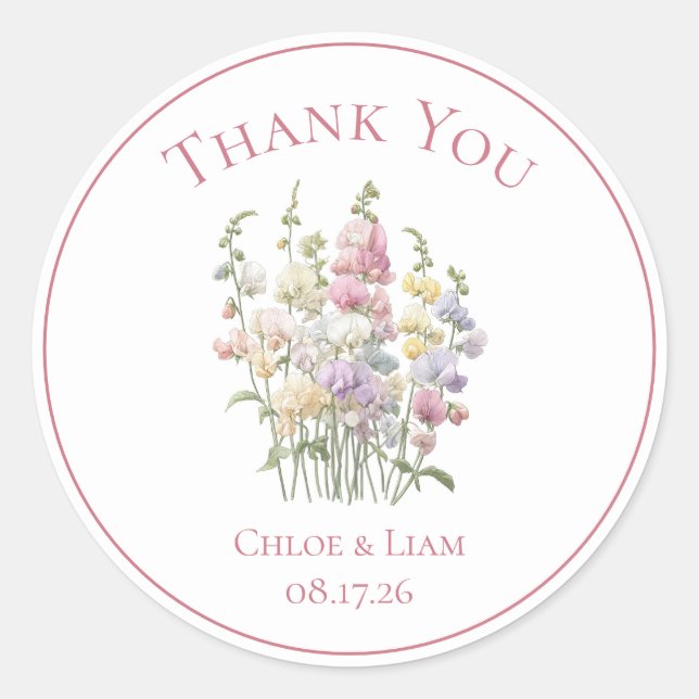 Elegant Sweet Peas Flower Wedding Thank You Classic Round Sticker (Front)