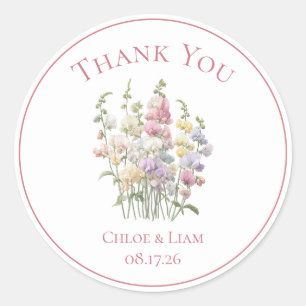 Elegant Sweet Peas Flower Wedding Thank You Classic Round Sticker