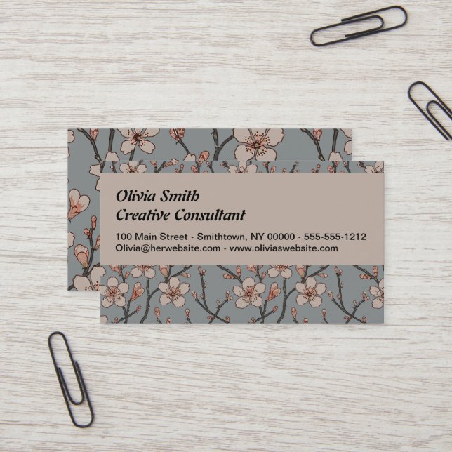 Elegant Sweet Pink Flower Blossom Cherry Pattern Business Card (Front/Back In Situ)