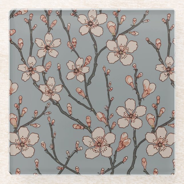 Elegant Sweet Pink Flower Blossom Cherry Pattern Glass Coaster (Front)