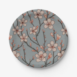 Elegant Sweet Pink Flower Blossom Cherry Pattern Paper Plate