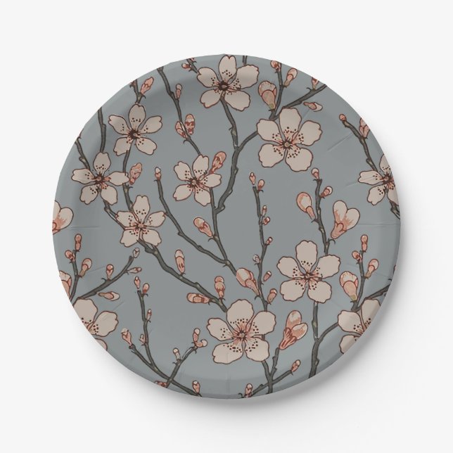 Elegant Sweet Pink Flower Blossom Cherry Pattern Paper Plate (Front)