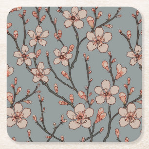 Elegant Sweet Pink Flower Blossom Cherry Pattern Square Paper Coaster