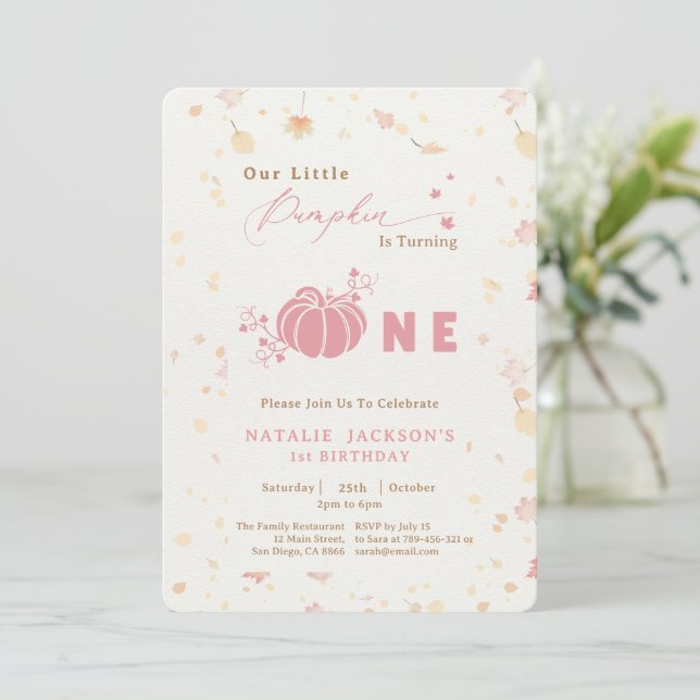  Elegant Sweet Pink Little Pumpkin 1st Birthday Invitation (Standing Front)