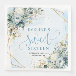 Elegant Sweet Sixteen 16 Dusty Blue Floral Party  Napkin