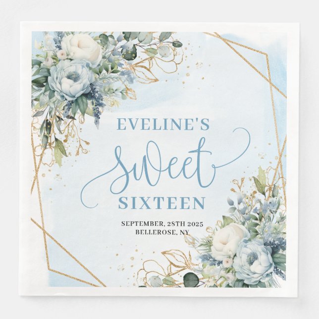 Elegant Sweet Sixteen 16 Dusty Blue Floral Party  Napkin (Front)