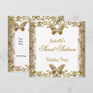 Elegant Sweet Sixteen 16 White Gold Butterfly Invitation