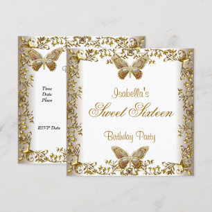 Elegant Sweet Sixteen 16 White Gold Butterfly Invitation