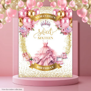 Elegant Sweet Sixteen Backdrop Pink Gold Balloons Tapestry