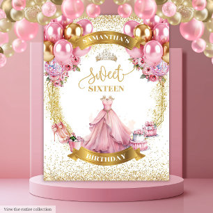 Elegant Sweet Sixteen Banner Pink Dress Gold Ballo Tapestry