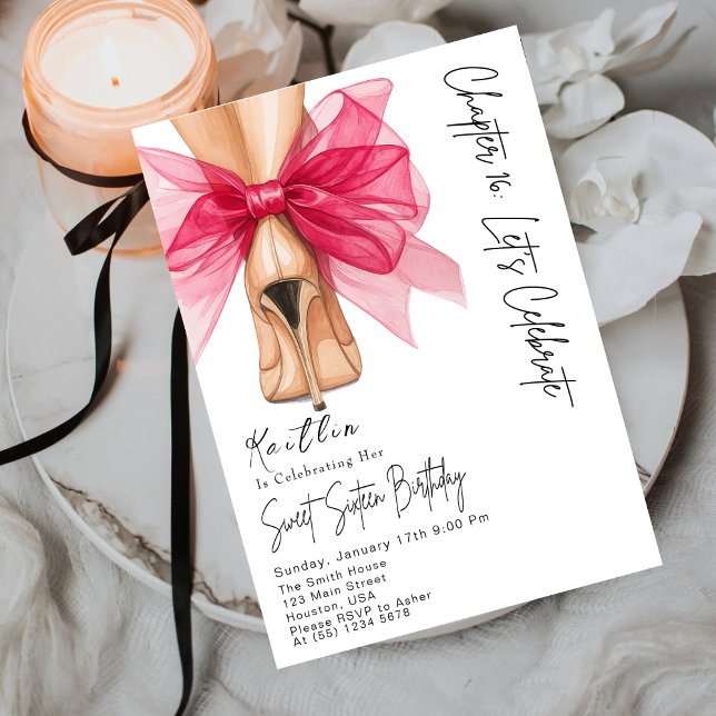 Elegant Sweet Sixteen Birthday High Heels Pink Bow Invitation (Creator Uploaded)