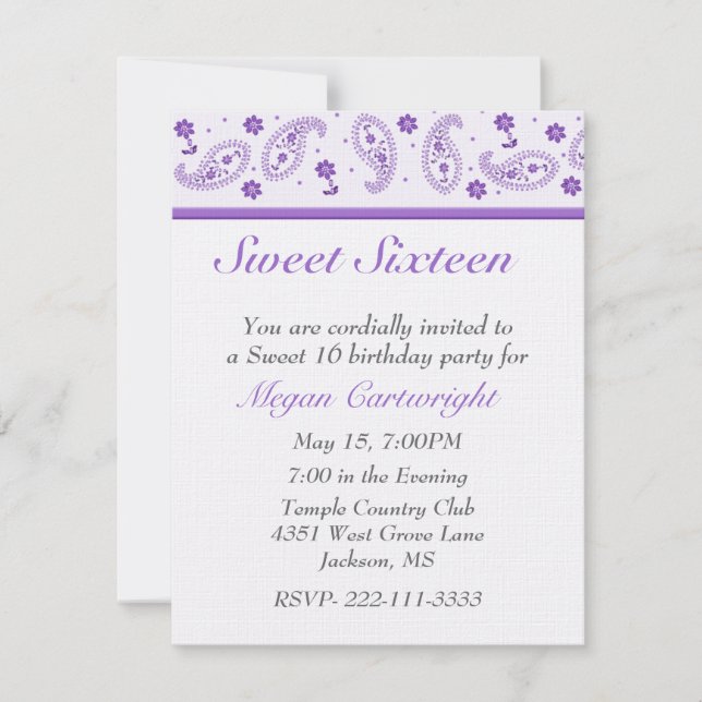 Elegant Sweet sixteen Birthday Invitation (Front)