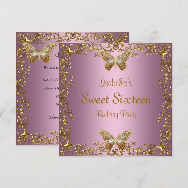 Elegant Sweet Sixteen Birthday Pink Gold Butterfly Invitation (Front/Back)