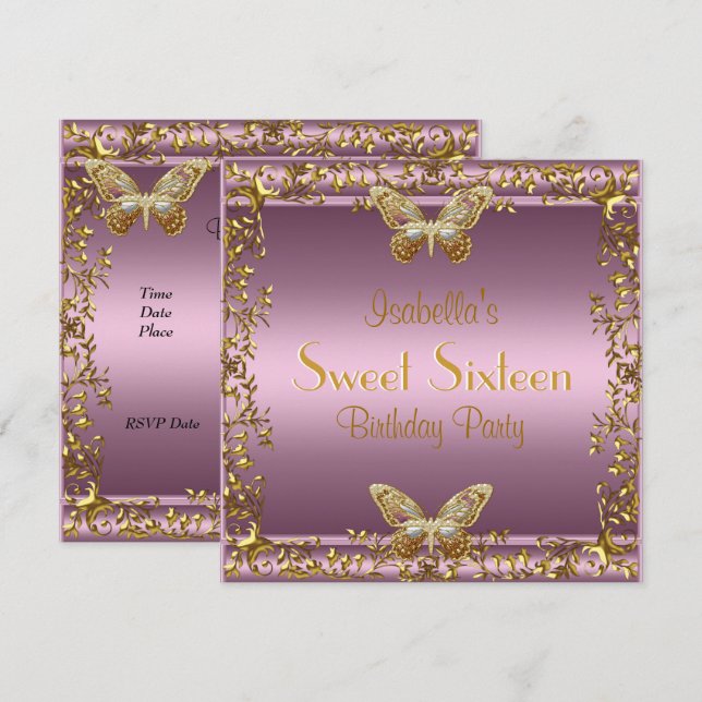 Elegant Sweet Sixteen Birthday Pink Gold Butterfly Invitation (Front/Back)