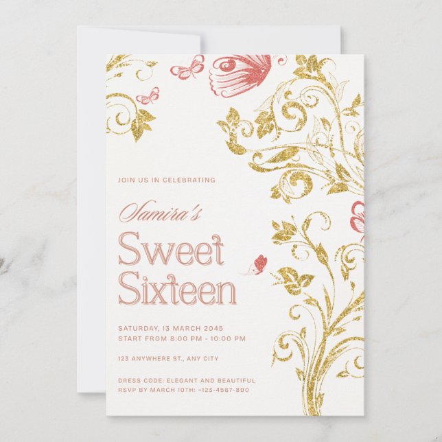Elegant Sweet Sixteen Invitation | Gold Floral & P (Front)