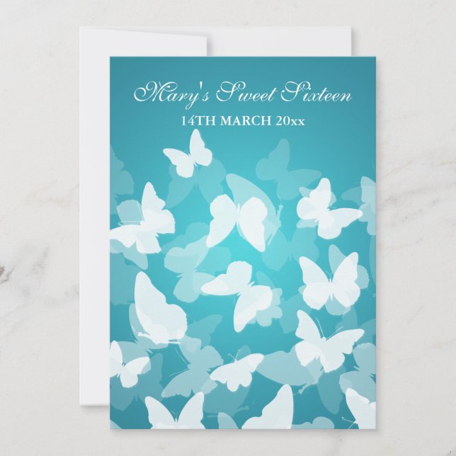 Elegant Sweet Sixteen Party Butterflies Blue Invitation (Front)