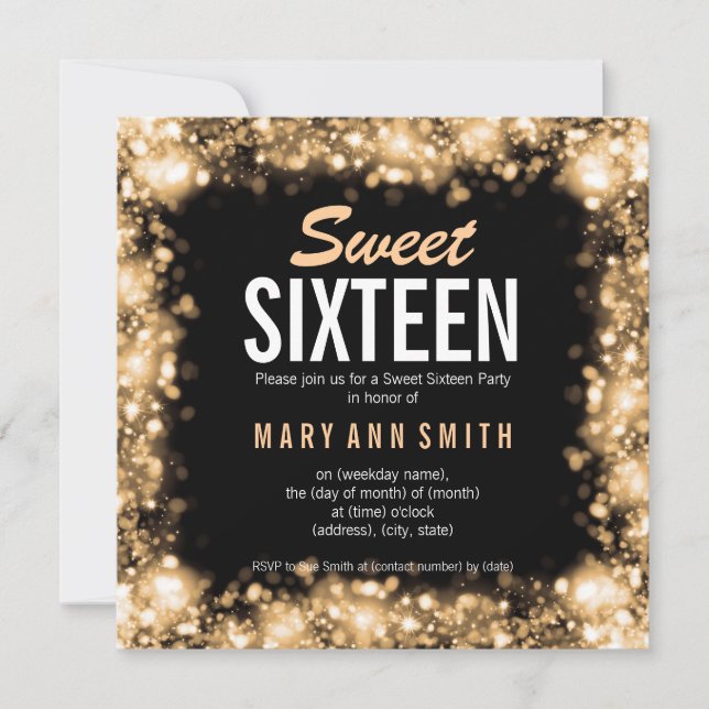 Elegant Sweet Sixteen Party Gold Sparkling Lights Invitation (Front)