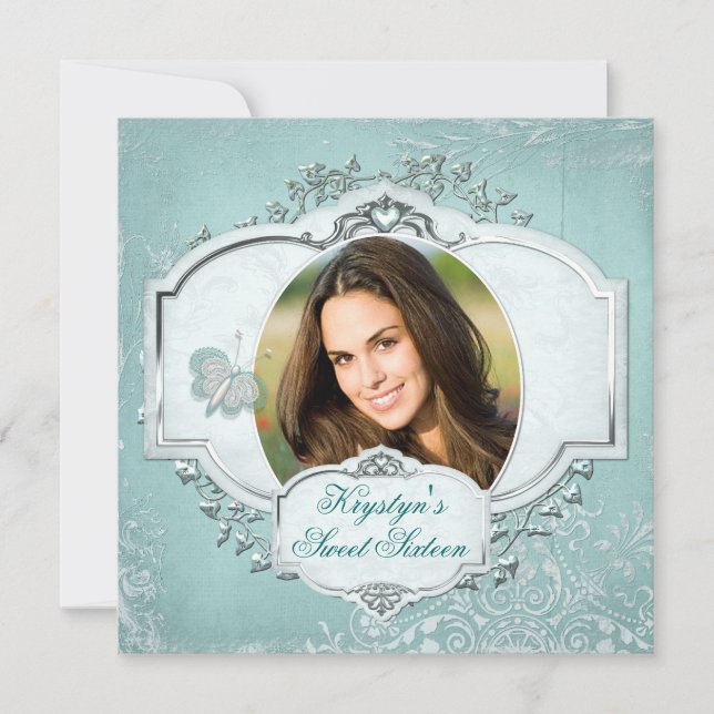 Elegant Sweet Sixteen Photo Invitation - Teal (Front)