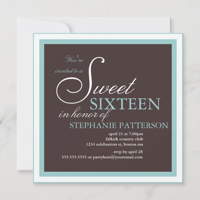 Elegant Sweet Sixteen Teal Brown Party Invitation (Front)