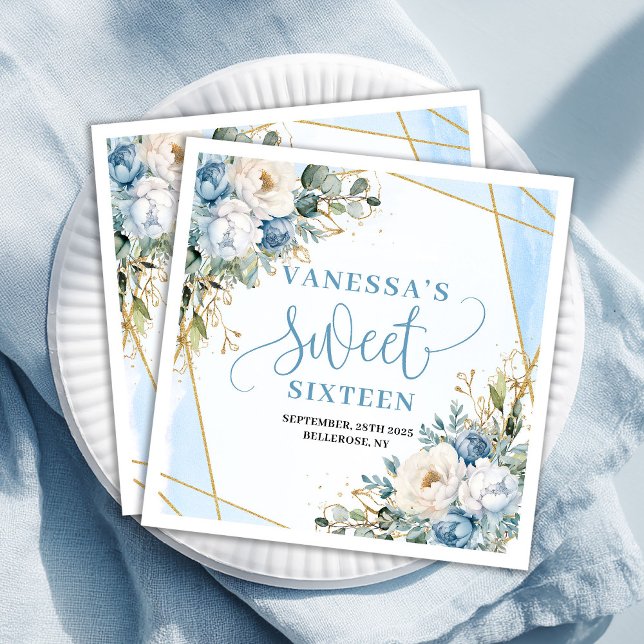 Elegant Sweet Sixteen Watercolor Blue Floral   Napkin (Elegant Sweet Sixteen Watercolor Blue Floral Napkins)