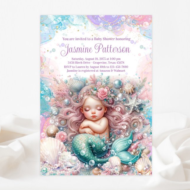 Elegant Sweet Sleeping Mermaid Baby Shower Invitation (Creator Uploaded)