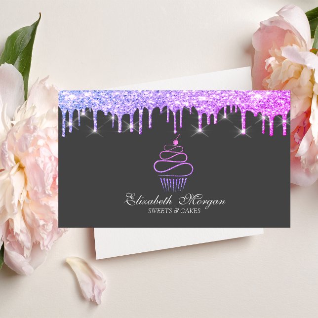 Elegant  Sweets Glitter Cupcake Violet Drips  Business Card (Creator Uploaded)