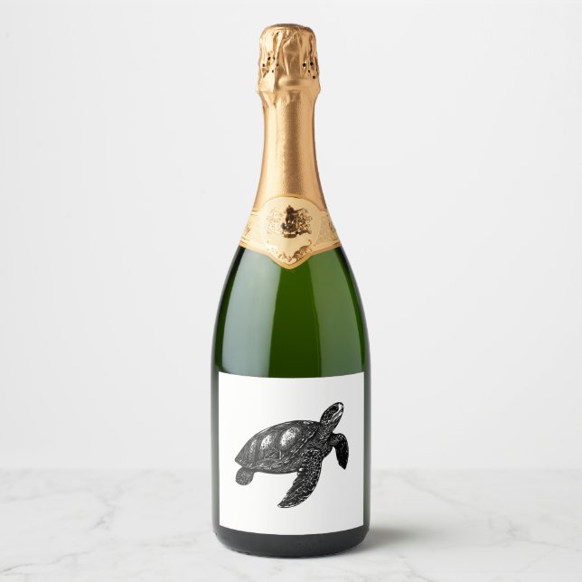 Elegant Swimming Old Water Turtle Copy Sparkling Wine Label (Front)