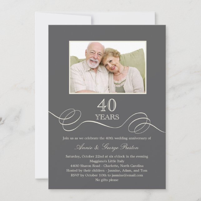 Elegant Swirl Anniversary Photo Invitation - Grey (Front)