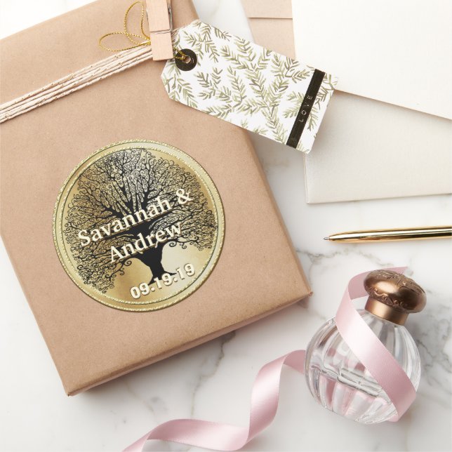 Elegant Swirl Black Tree Gold Wedding Seal (Gifting)