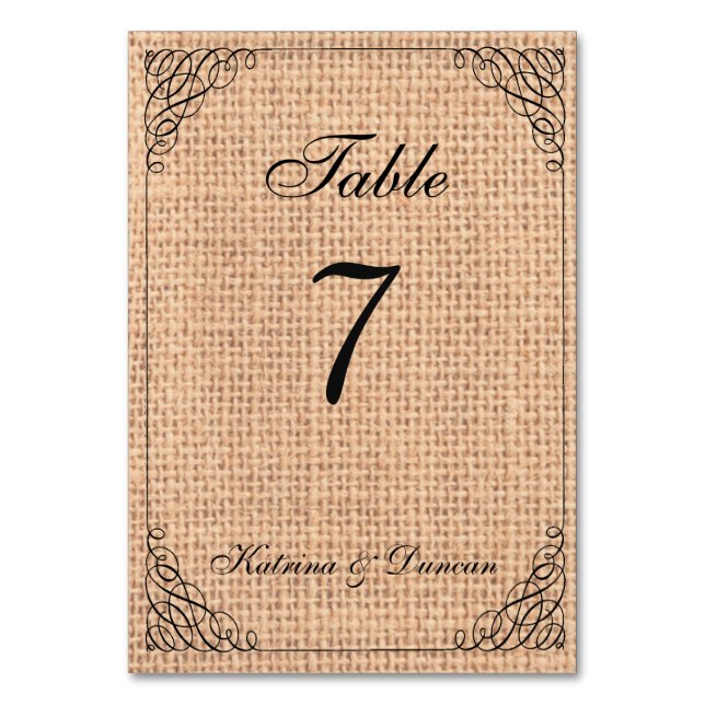 Elegant Swirl Burlap Personalised Table Card (Front)