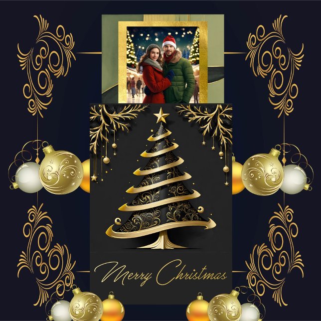 Elegant Swirl Christmas  Tree | Foil Holiday Card (Authentic FOIL Greeting on Elegant Art Swirl Christmas Tree)