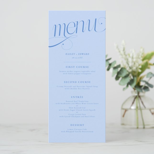Elegant Swirl Icy Blue Wedding Menu (Standing Front)